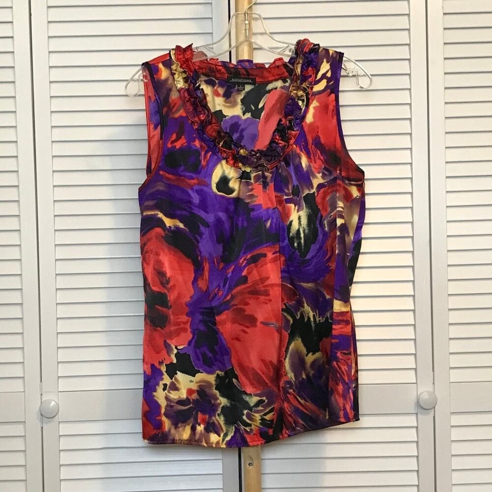Notations Y2K Abstract Floral Ruffled Scoop Neck Sleeveless Blouse Women L